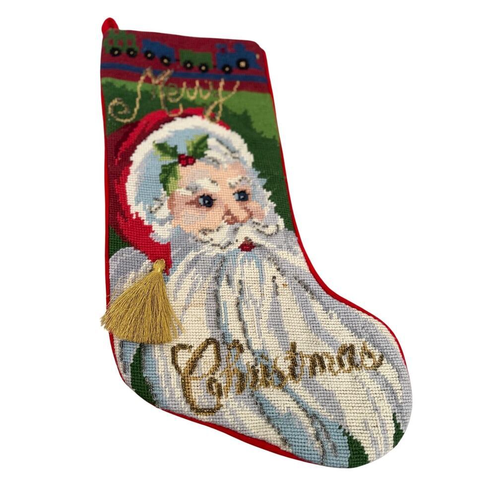 Vintage Wool Santa Claus Needlepoint by Hand Beaded "Merry Christmas" Stocking - Picture 2 of 9